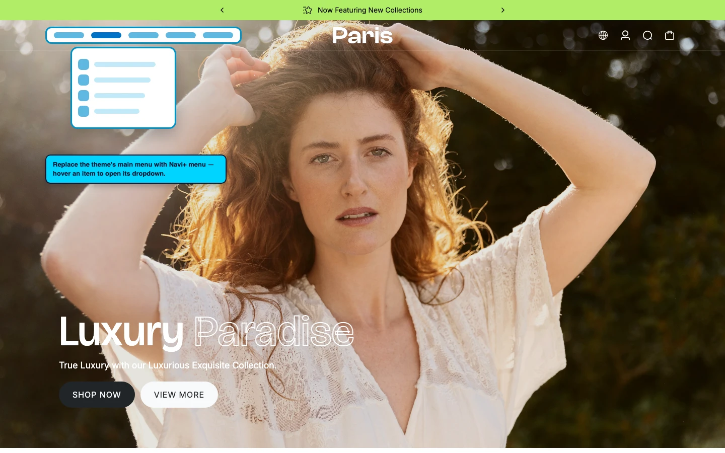 Navi+ Mega Menu replacing the desktop menu on the Paris Shopify theme Navi+ Mega Menu replacing the desktop menu on the Paris Shopify theme
