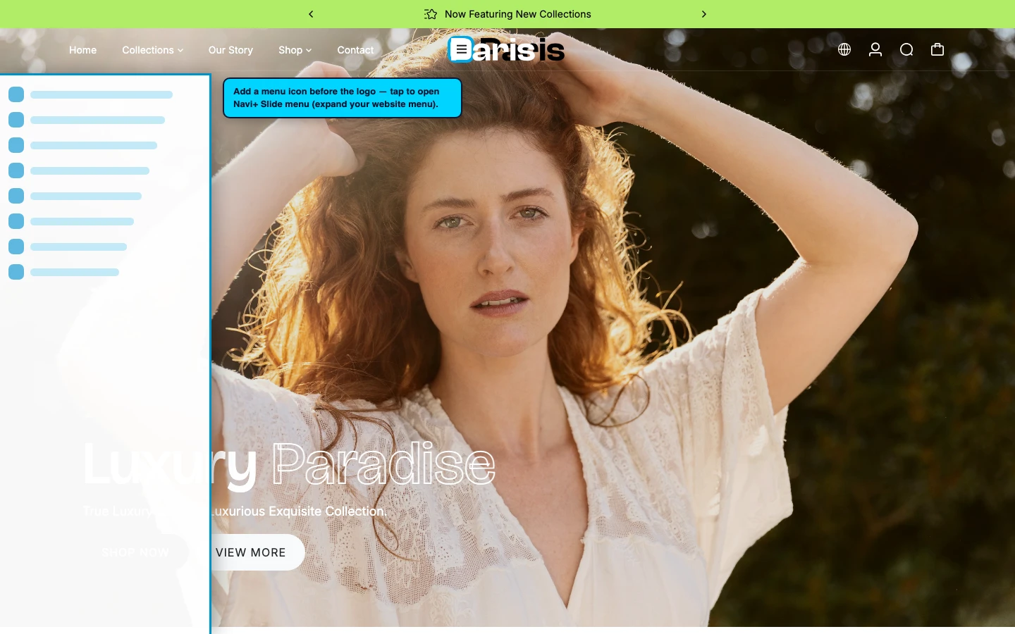 Navi+ trigger icon before the logo on the Paris Shopify theme Navi+ trigger icon before the logo on the Paris Shopify theme