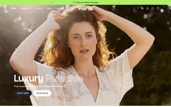 Full-page desktop screenshot of Shopify Paris theme demo store