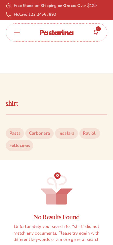 Search → panel opened — Navi+ on the Pastarina Shopify theme