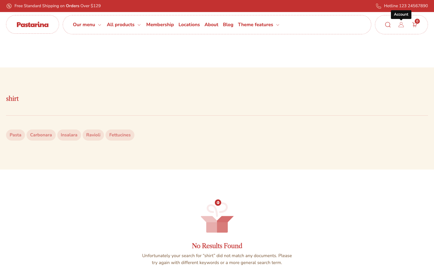 Search → panel opened — Navi+ on the Pastarina Shopify theme