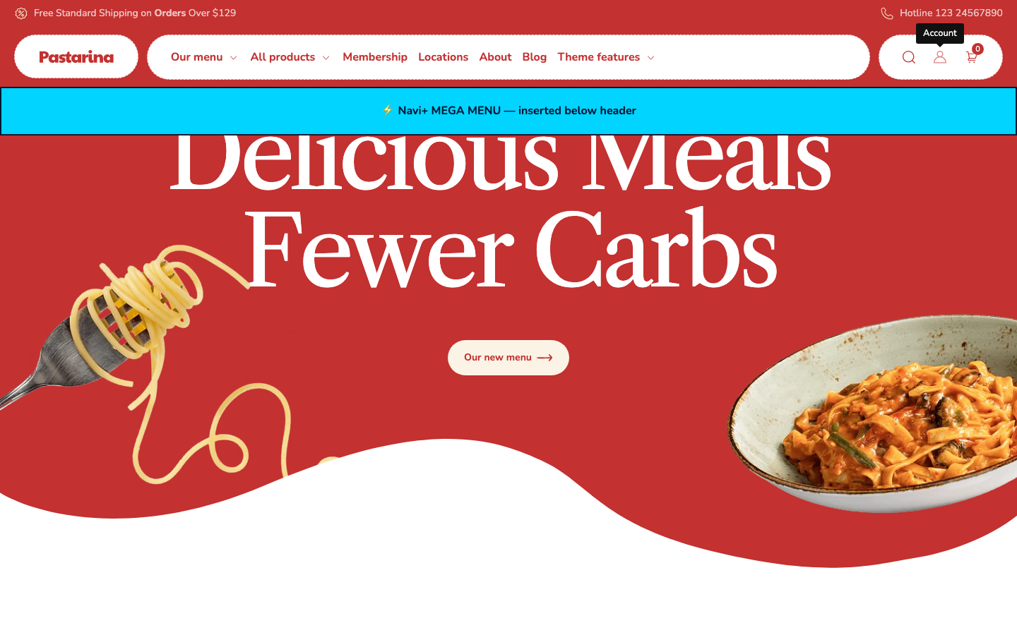 Menu inserted below header — Navi+ on the Pastarina Shopify theme