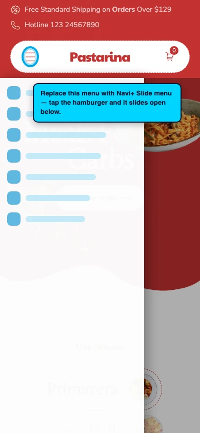 Navi+ Slide Menu on the Pastarina Shopify theme