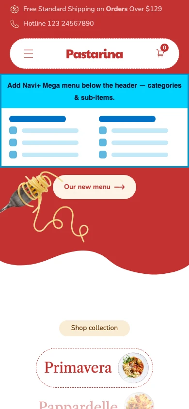 Navi+ mobile Mega Menu on the Pastarina Shopify theme