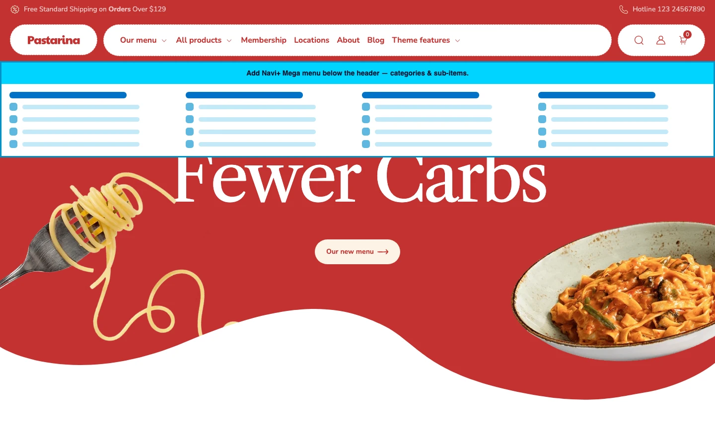 Navi+ Mega Menu inserted below the header on the Pastarina Shopify theme