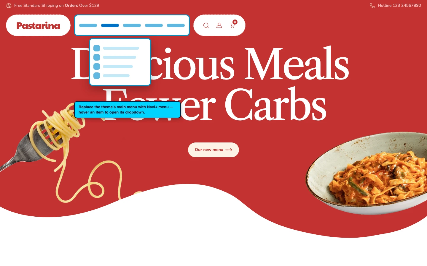 Navi+ Mega Menu replacing the desktop menu on the Pastarina Shopify theme