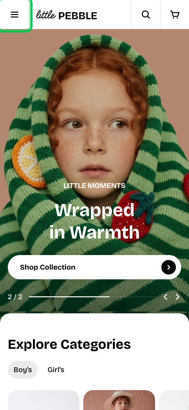 Hamburger → panel opened — Navi+ on the Pebble Shopify theme Hamburger → panel opened — Navi+ on the Pebble Shopify theme