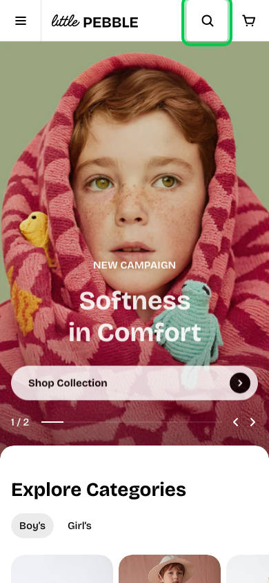 Search → panel opened — Navi+ on the Pebble Shopify theme Search → panel opened — Navi+ on the Pebble Shopify theme