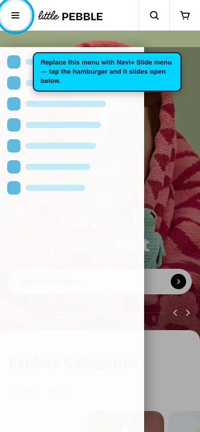 Navi+ Slide Menu on the Pebble Shopify theme