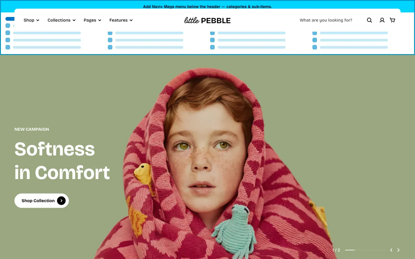 Navi+ Mega Menu inserted below the header on the Pebble Shopify theme