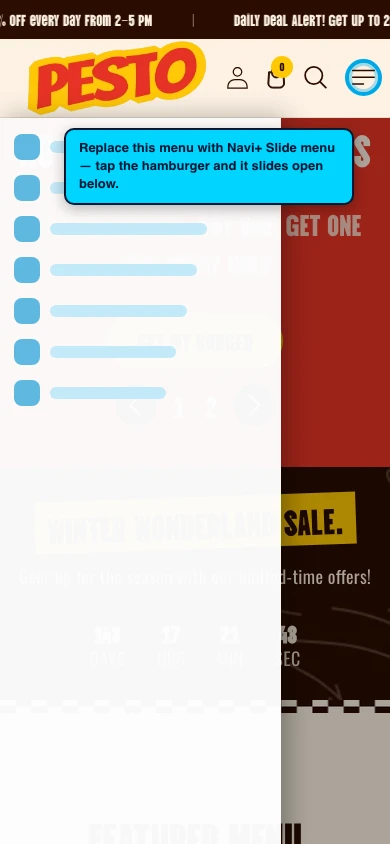 Navi+ Slide Menu on the Pesto Shopify theme Navi+ Slide Menu on the Pesto Shopify theme