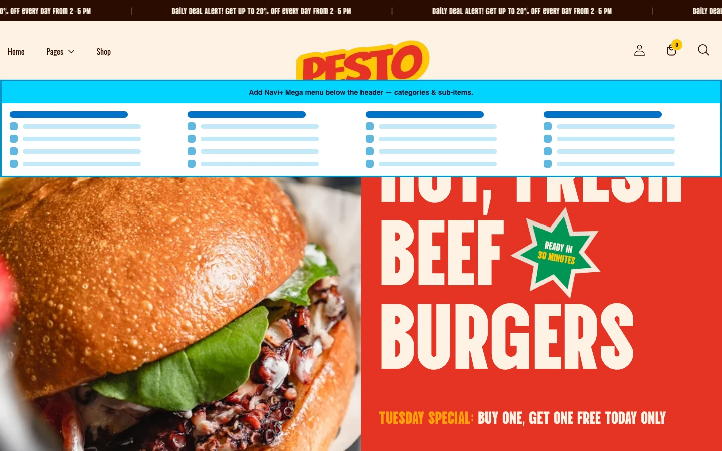 Navi+ Mega Menu inserted below the header on the Pesto Shopify theme Navi+ Mega Menu inserted below the header on the Pesto Shopify theme