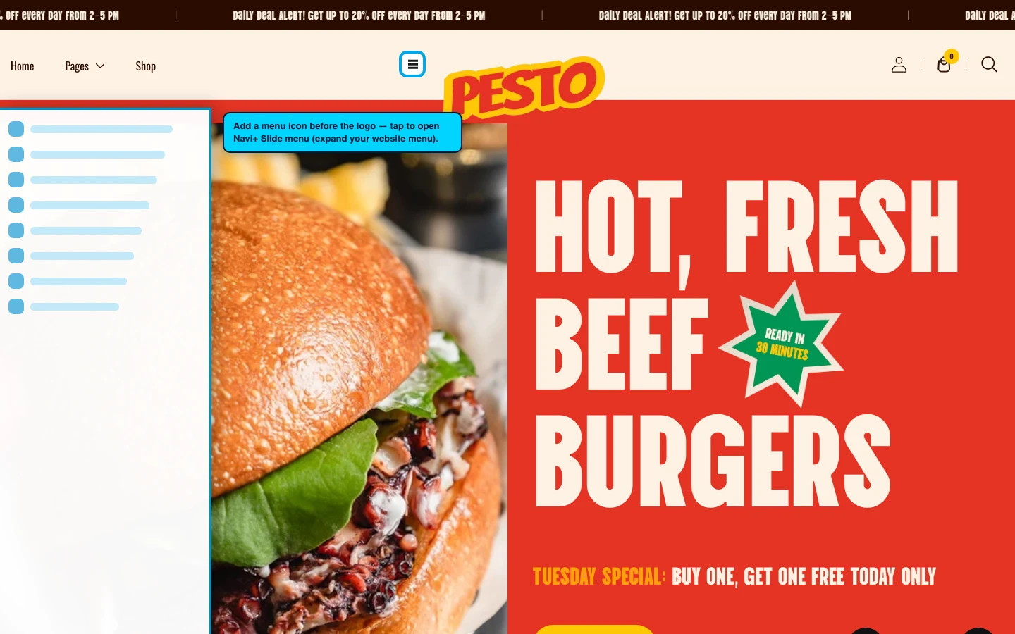 Navi+ trigger icon before the logo on the Pesto Shopify theme Navi+ trigger icon before the logo on the Pesto Shopify theme