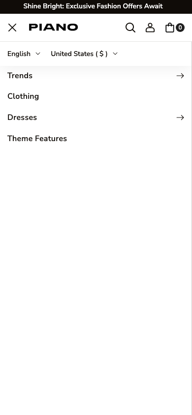 Hamburger → panel opened — Navi+ on the Piano Shopify theme