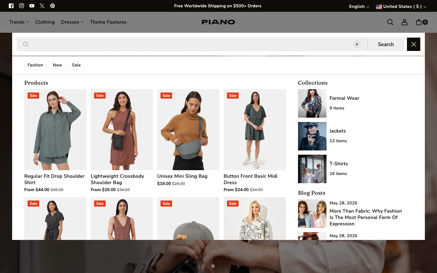 Search → panel opened — Navi+ on the Piano Shopify theme