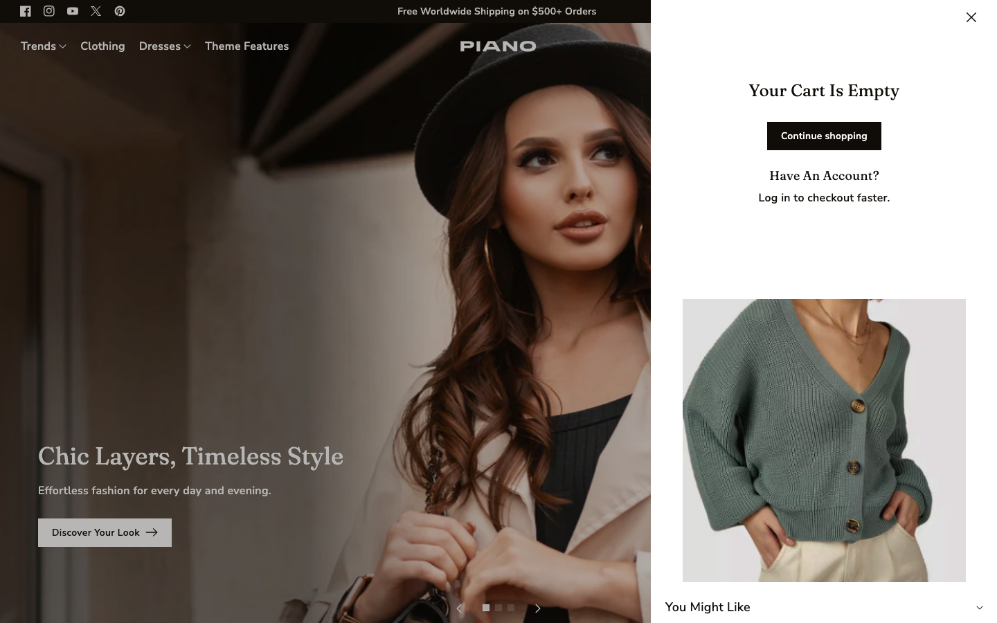 Cart → panel opened — Navi+ on the Piano Shopify theme