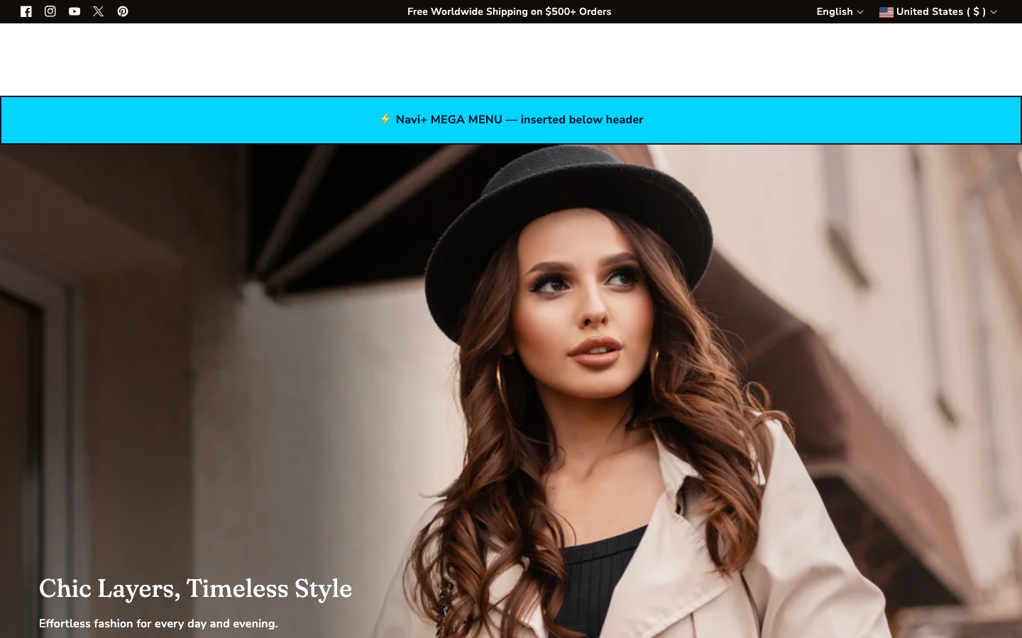 Menu inserted below header — Navi+ on the Piano Shopify theme