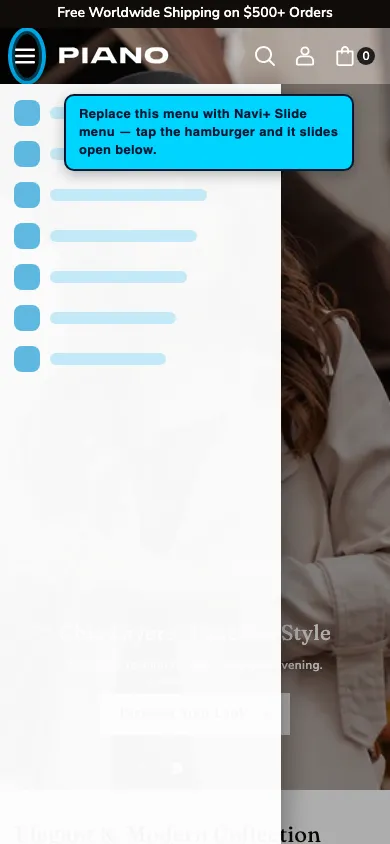 Navi+ Slide Menu on the Piano Shopify theme Navi+ Slide Menu on the Piano Shopify theme