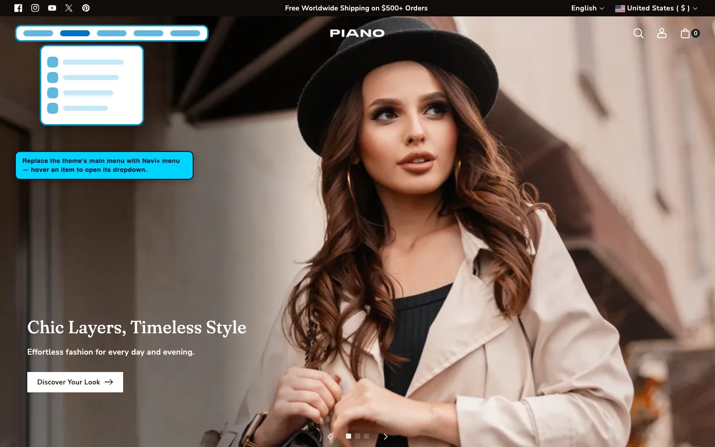 Navi+ Mega Menu replacing the desktop menu on the Piano Shopify theme
