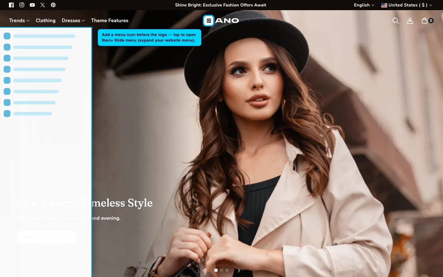 Navi+ trigger icon before the logo on the Piano Shopify theme Navi+ trigger icon before the logo on the Piano Shopify theme