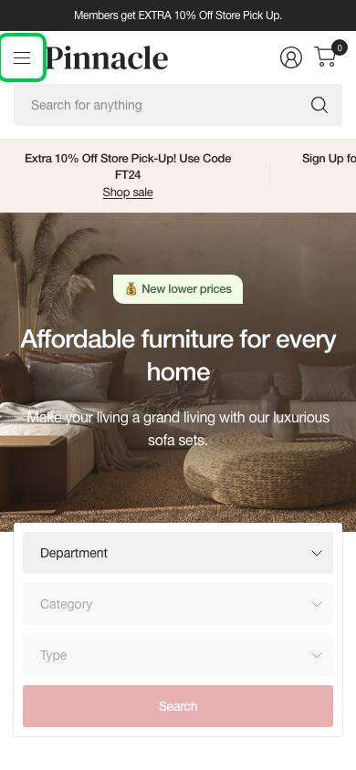 Hamburger → panel opened — Navi+ on the Pinnacle Shopify theme Hamburger → panel opened — Navi+ on the Pinnacle Shopify theme