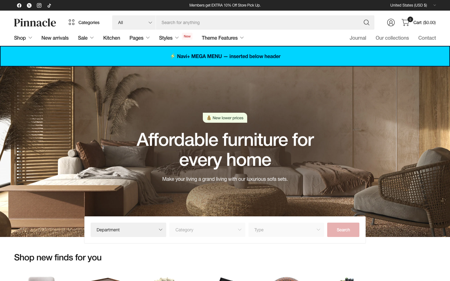 Menu inserted below header — Navi+ on the Pinnacle Shopify theme Menu inserted below header — Navi+ on the Pinnacle Shopify theme