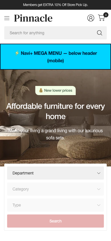 Menu inserted below header — Navi+ on the Pinnacle Shopify theme Menu inserted below header — Navi+ on the Pinnacle Shopify theme