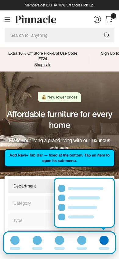 Navi+ Tab Bar on the Pinnacle Shopify theme Navi+ Tab Bar on the Pinnacle Shopify theme