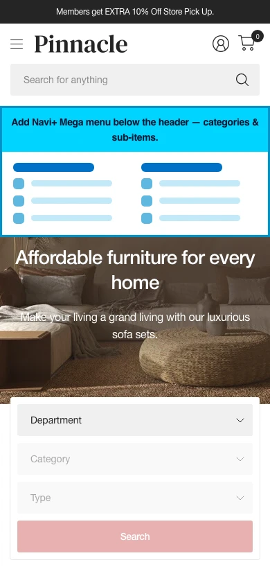 Navi+ mobile Mega Menu on the Pinnacle Shopify theme Navi+ mobile Mega Menu on the Pinnacle Shopify theme