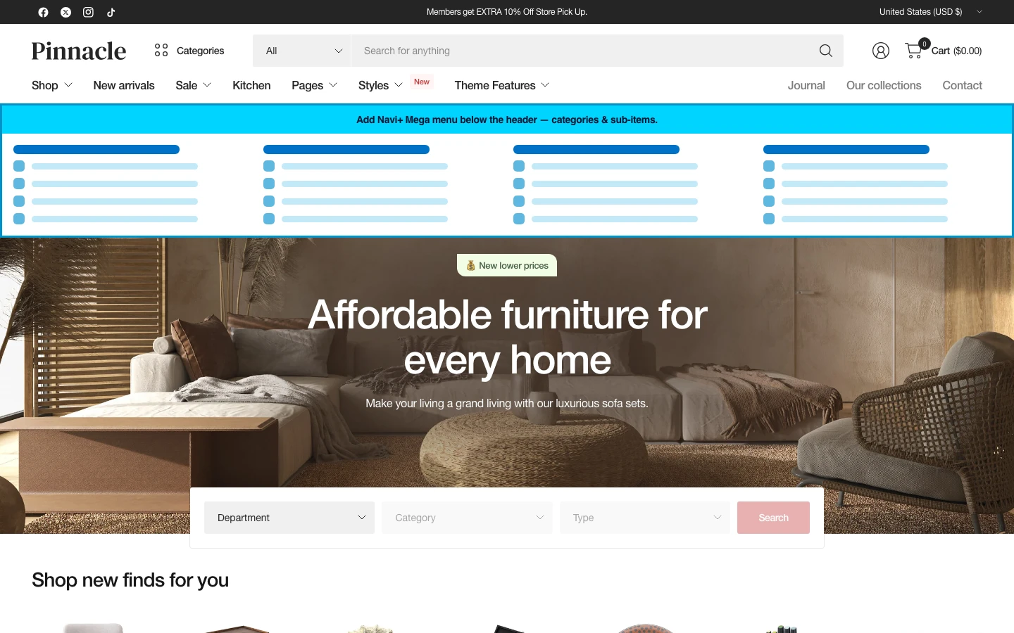 Navi+ Mega Menu inserted below the header on the Pinnacle Shopify theme Navi+ Mega Menu inserted below the header on the Pinnacle Shopify theme