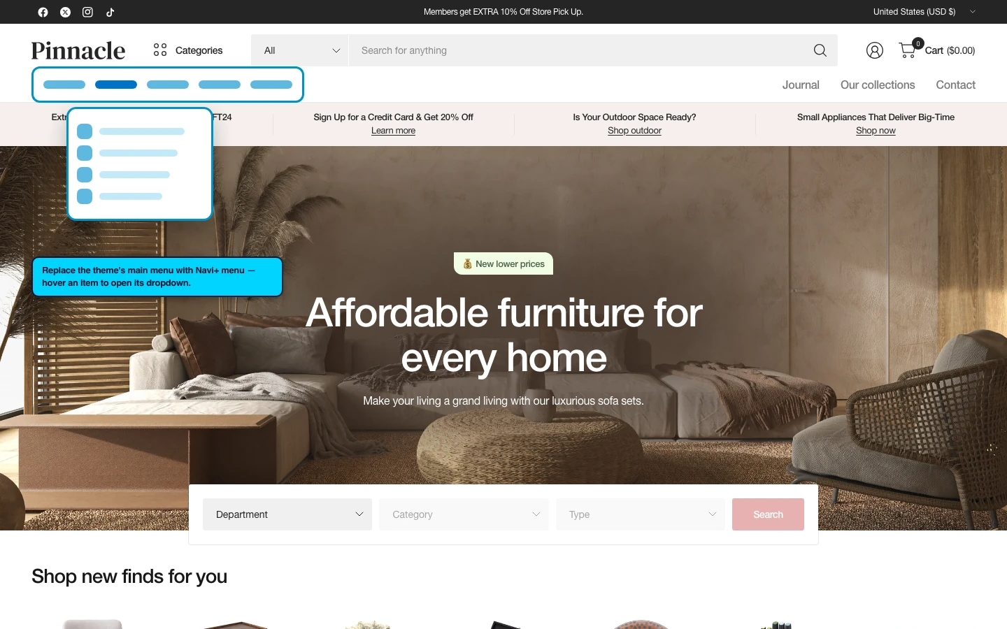Navi+ Mega Menu replacing the desktop menu on the Pinnacle Shopify theme Navi+ Mega Menu replacing the desktop menu on the Pinnacle Shopify theme