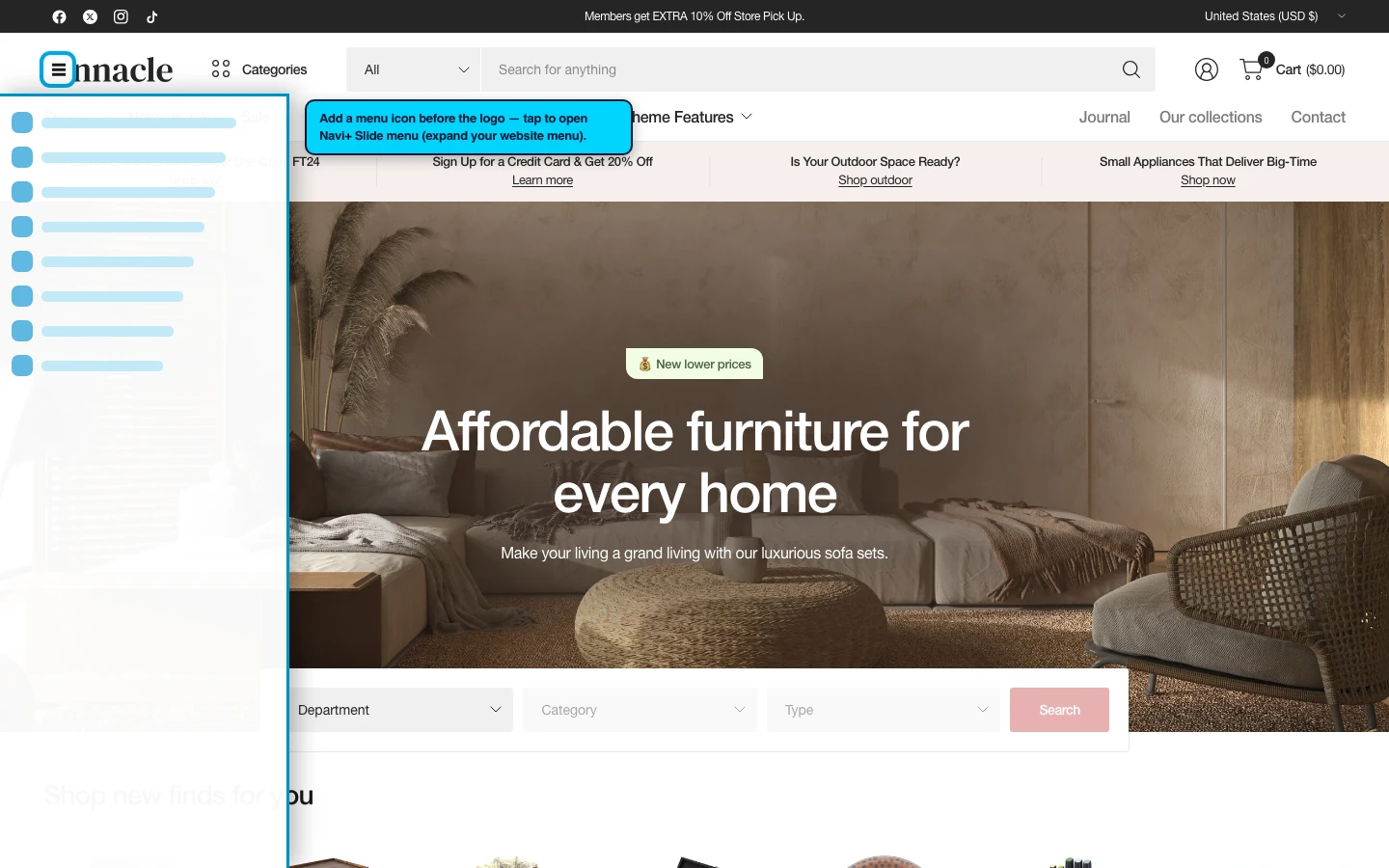 Navi+ trigger icon before the logo on the Pinnacle Shopify theme Navi+ trigger icon before the logo on the Pinnacle Shopify theme
