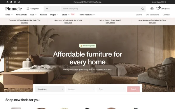 Full-page desktop screenshot of Shopify Pinnacle theme demo store