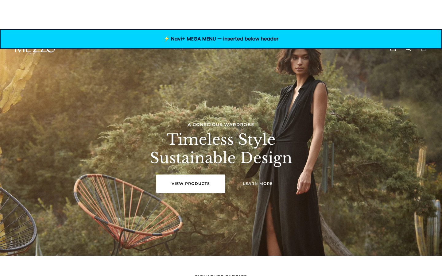 Menu inserted below header — Navi+ on the Pipeline Shopify theme Menu inserted below header — Navi+ on the Pipeline Shopify theme