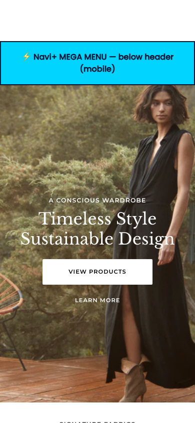 Menu inserted below header — Navi+ on the Pipeline Shopify theme Menu inserted below header — Navi+ on the Pipeline Shopify theme