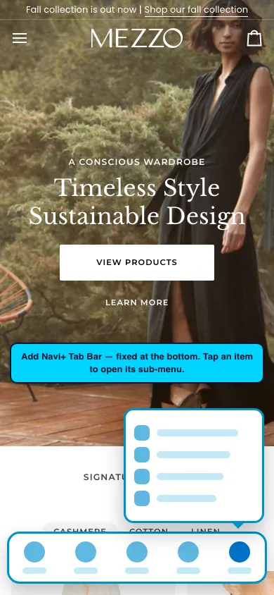 Navi+ Tab Bar on the Pipeline Shopify theme Navi+ Tab Bar on the Pipeline Shopify theme
