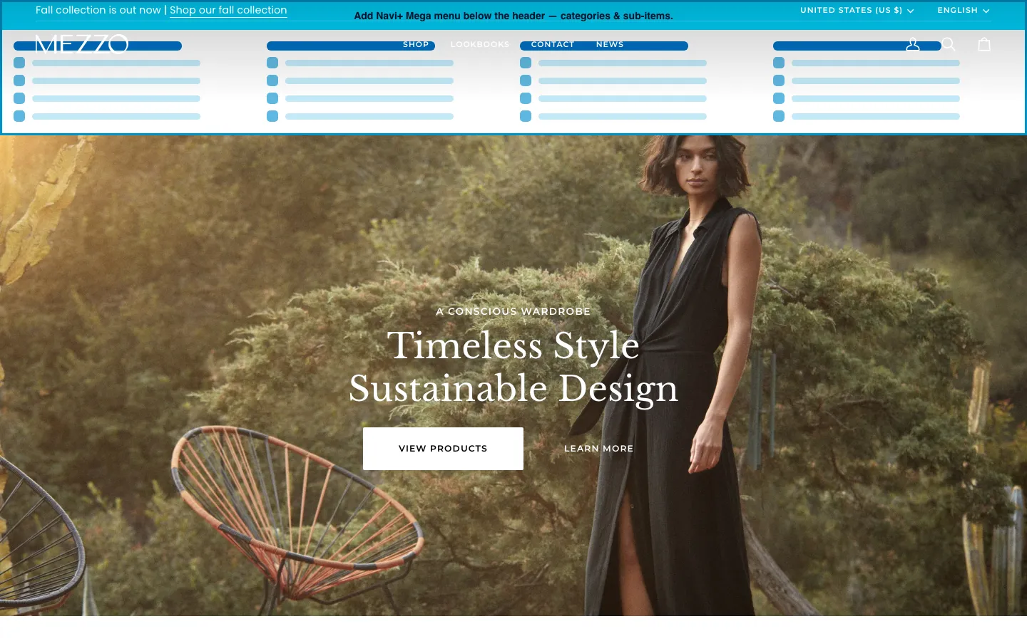 Navi+ Mega Menu inserted below the header on the Pipeline Shopify theme Navi+ Mega Menu inserted below the header on the Pipeline Shopify theme