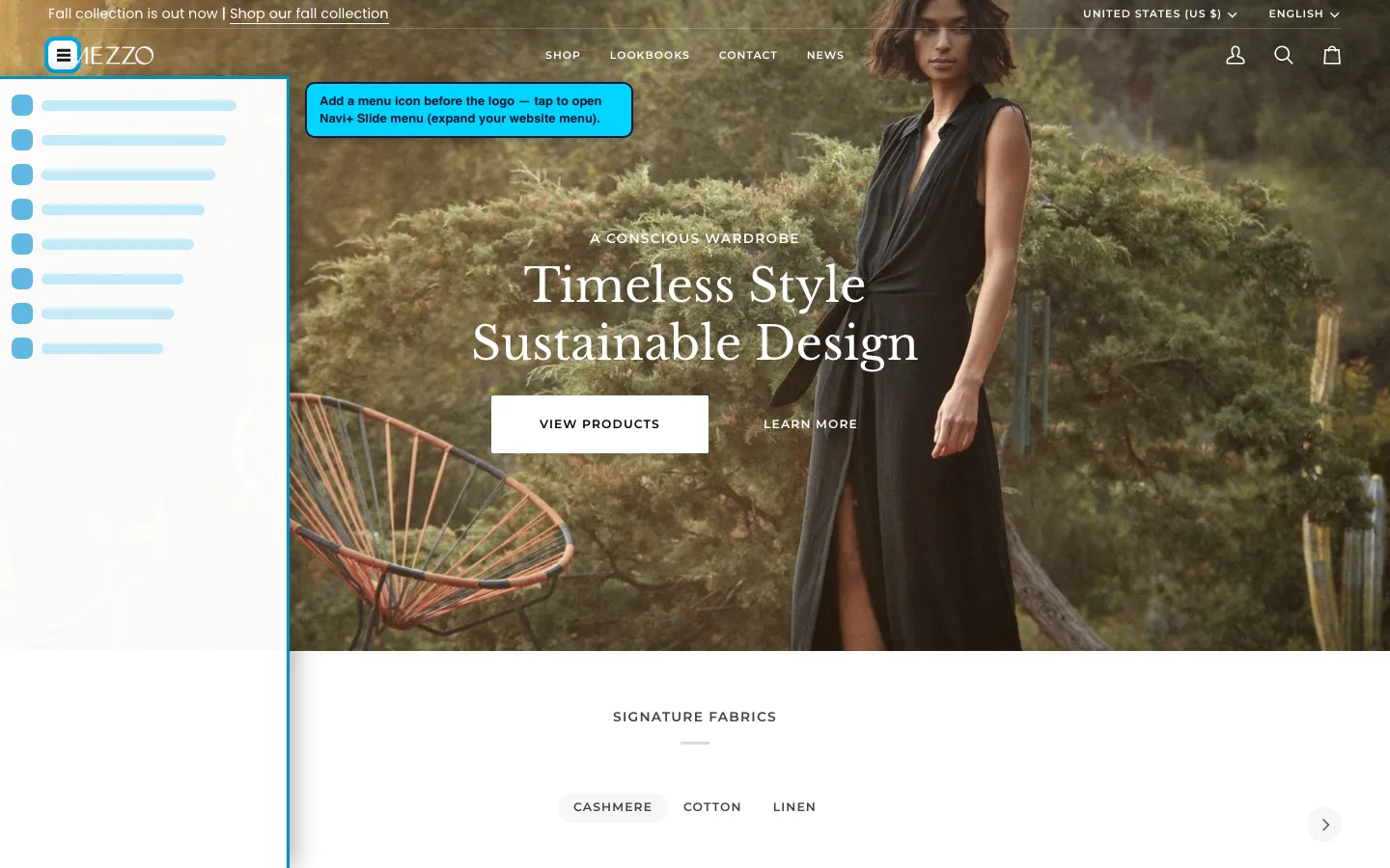 Navi+ trigger icon before the logo on the Pipeline Shopify theme Navi+ trigger icon before the logo on the Pipeline Shopify theme