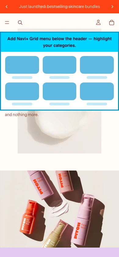 Navi+ Grid Menu on the Pitch Shopify theme Navi+ Grid Menu on the Pitch Shopify theme