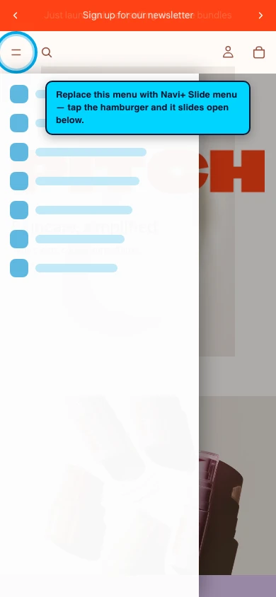 Navi+ Slide Menu on the Pitch Shopify theme Navi+ Slide Menu on the Pitch Shopify theme