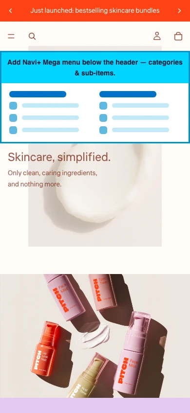 Navi+ mobile Mega Menu on the Pitch Shopify theme Navi+ mobile Mega Menu on the Pitch Shopify theme