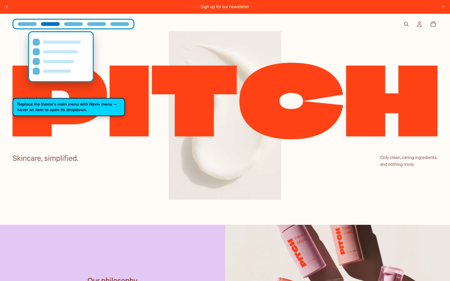 Navi+ Mega Menu replacing the desktop menu on the Pitch Shopify theme Navi+ Mega Menu replacing the desktop menu on the Pitch Shopify theme