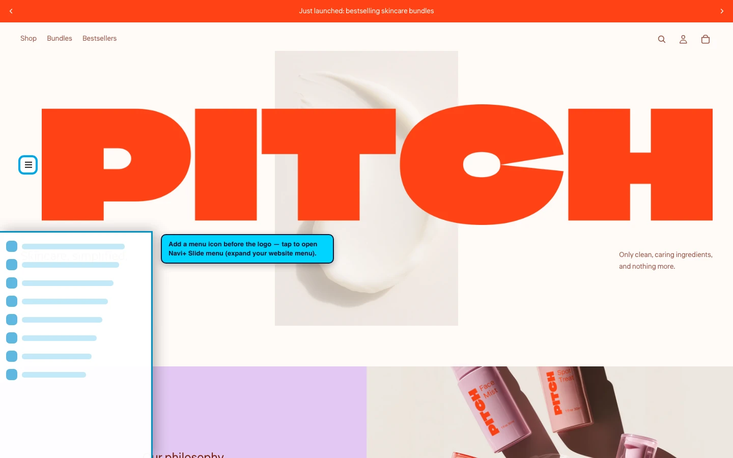 Navi+ trigger icon before the logo on the Pitch Shopify theme Navi+ trigger icon before the logo on the Pitch Shopify theme