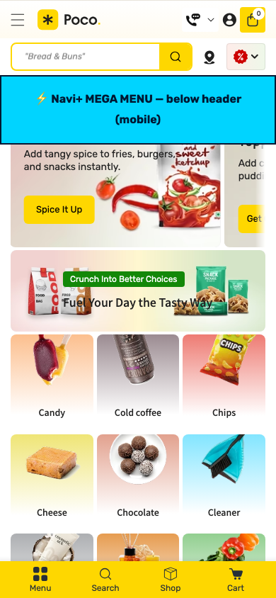 Menu inserted below header — Navi+ on the Poco Shopify theme Menu inserted below header — Navi+ on the Poco Shopify theme