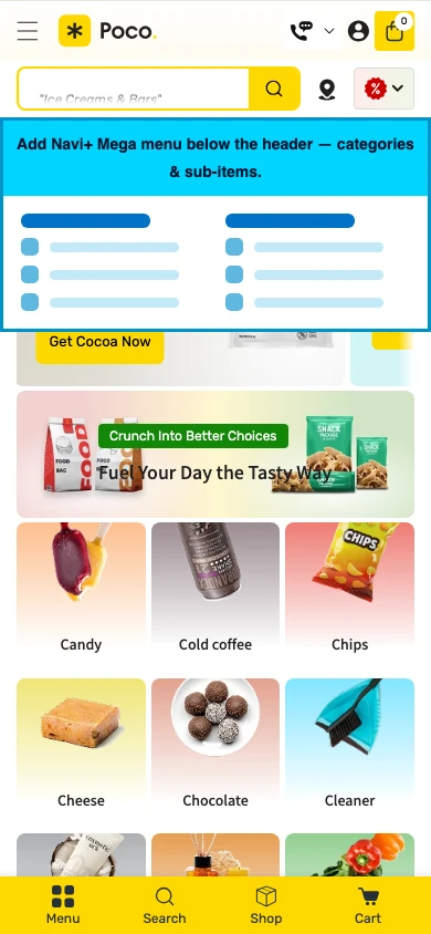 Navi+ mobile Mega Menu on the Poco Shopify theme Navi+ mobile Mega Menu on the Poco Shopify theme