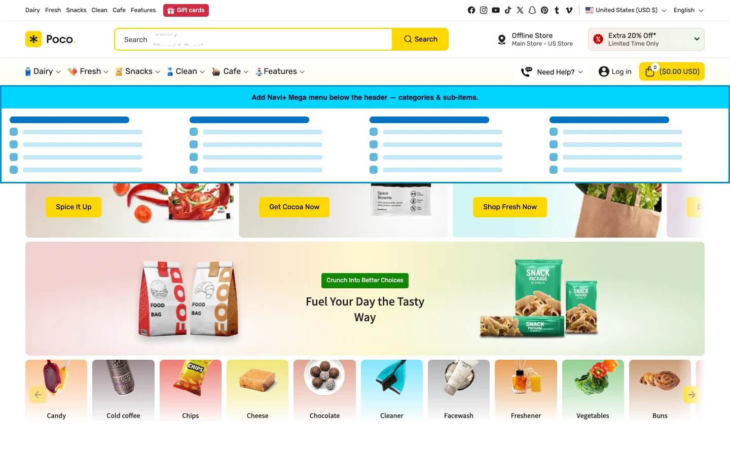 Navi+ Mega Menu inserted below the header on the Poco Shopify theme Navi+ Mega Menu inserted below the header on the Poco Shopify theme