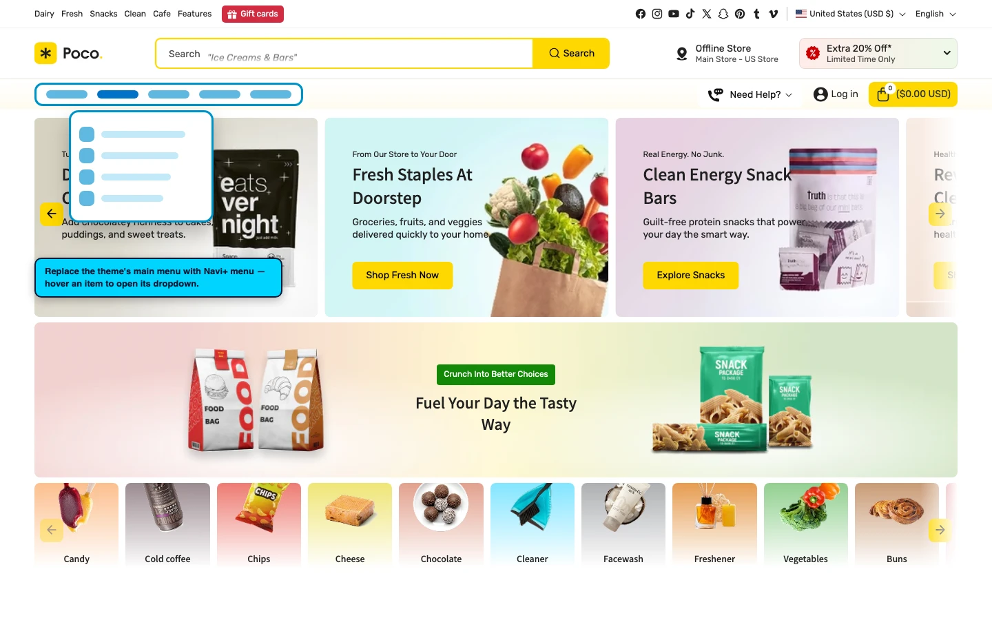 Navi+ Mega Menu replacing the desktop menu on the Poco Shopify theme Navi+ Mega Menu replacing the desktop menu on the Poco Shopify theme