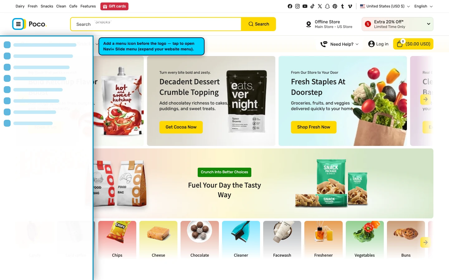 Navi+ trigger icon before the logo on the Poco Shopify theme Navi+ trigger icon before the logo on the Poco Shopify theme