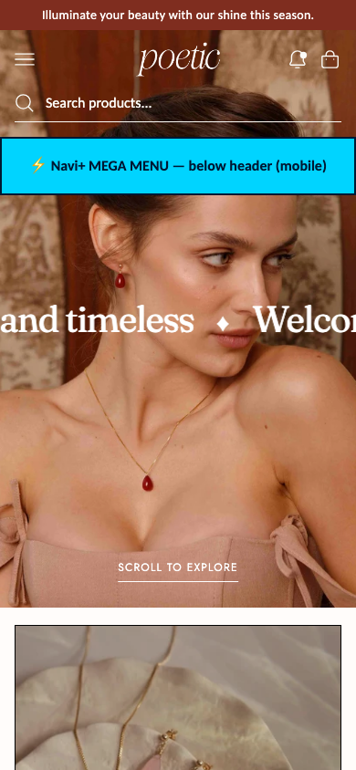 Menu inserted below header — Navi+ on the Poetic Shopify theme Menu inserted below header — Navi+ on the Poetic Shopify theme