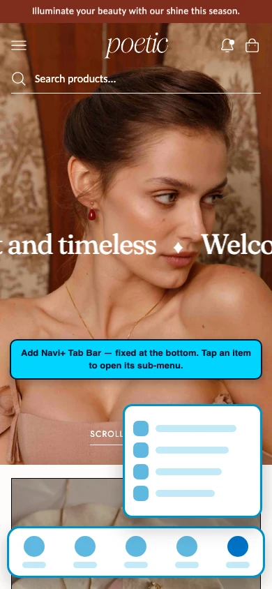 Navi+ Tab Bar on the Poetic Shopify theme Navi+ Tab Bar on the Poetic Shopify theme